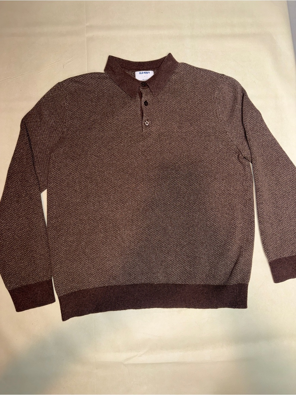 Old Navy Men’s Brown Herringbone Crewneck Polo Sweater